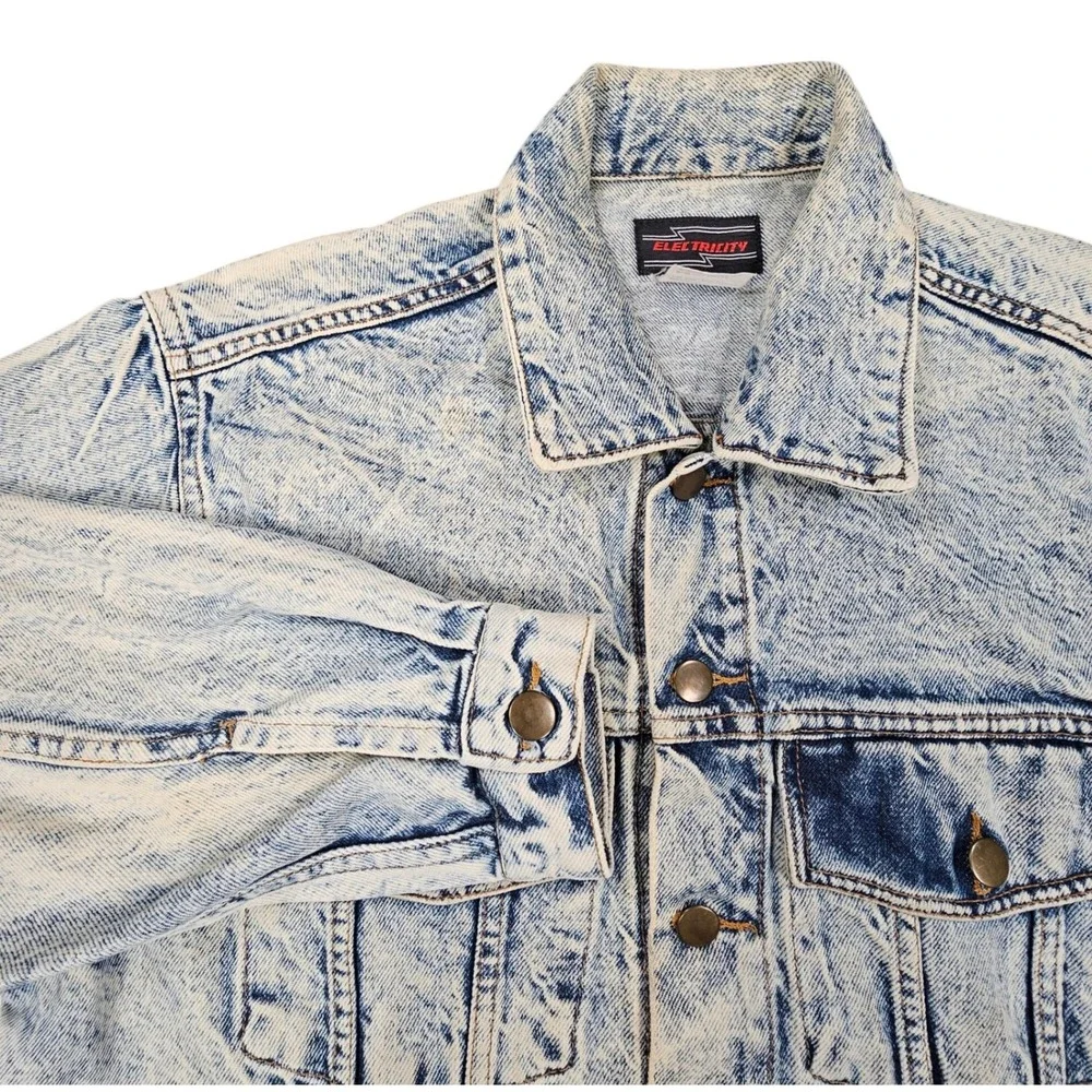 VTG Electricity Acid Wash Denim Trucker Jacket Mens M Blue 80s 90s Eberle Button